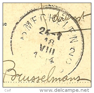 Kaart Met Stempel MALINES Op 18/08/1914 (Offensief W.O.I) Naar Ganshoren, Geschreven "Ontvangen Op 20/2/1915) !! - Zona Non Occupata
