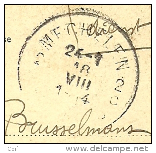 Kaart Met Stempel MALINES Op 18/08/1914 (Offensief W.O.I) Naar Ganshoren, Geschreven "Ontvangen Op 20/2/1915) !! - Zona No Ocupada