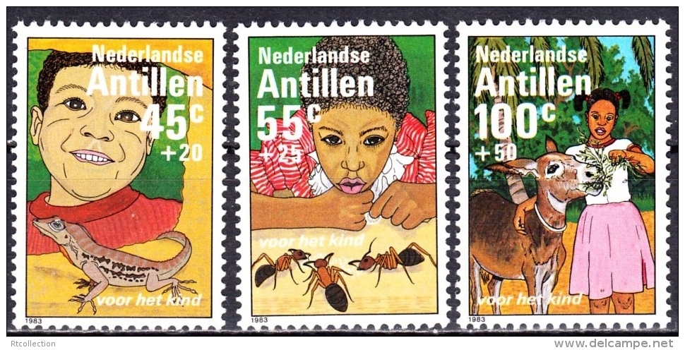 Netherlands Antilles 1983 Child Welfare Animals Lizard Reptiles Ant Donkey Mammals Children Stamps MNH Michel 500-502 - Donkeys