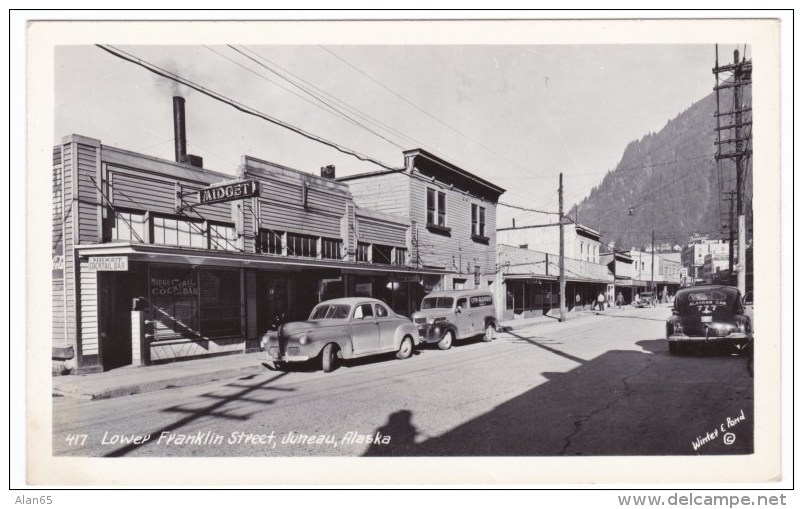 Juneau Alaska, Lower Franklin Street Scene, Midget Cocktail Bar Sign, Auto, Taxi, C1940s/50s Real Photo Postcard - Juneau