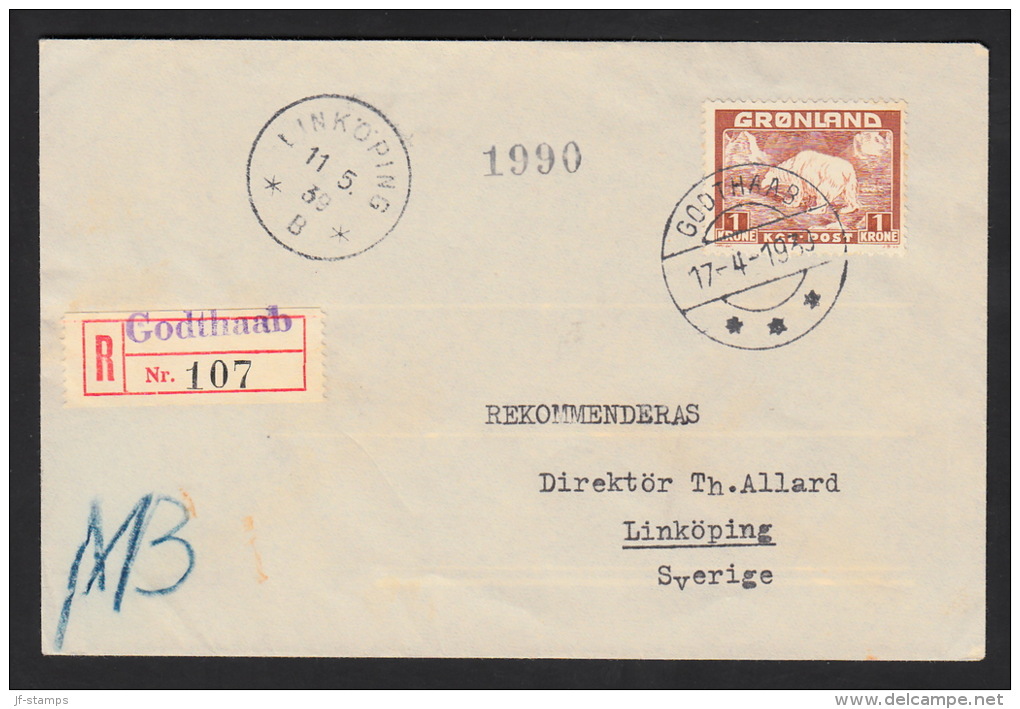 1938. Christian X And Polar Bear. 1 Kr. Light Brown GODTHAAB 17-4-1939 + LINKÖPING 11 5... (Michel: 7) - JF500418 - Cartas & Documentos