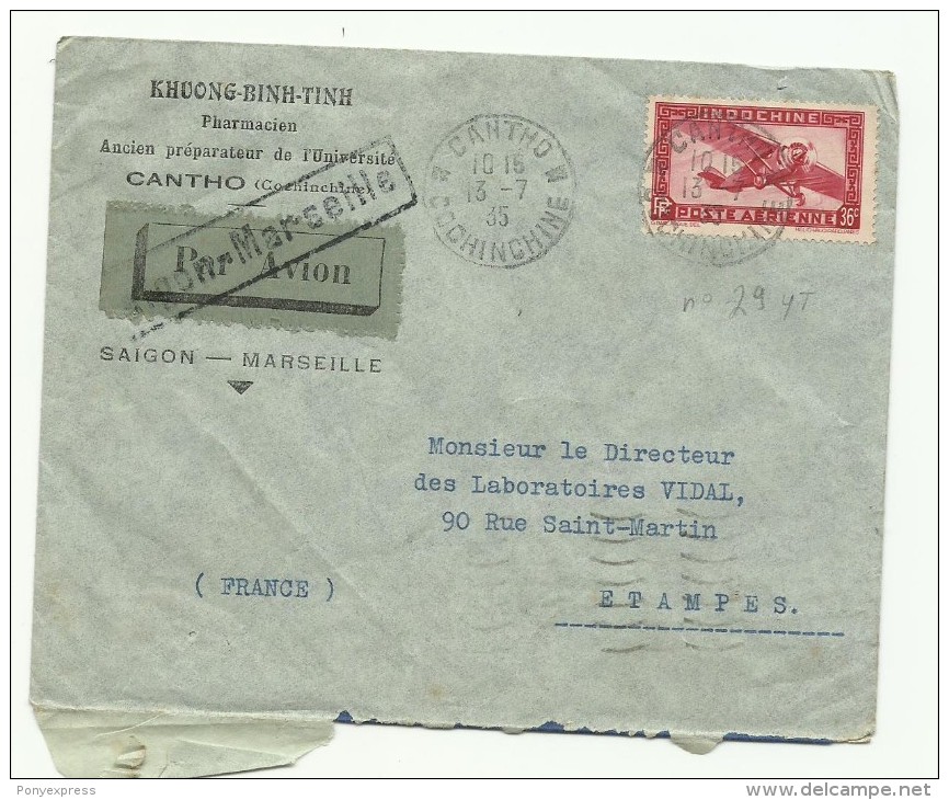 PA N° 29 Sur Lettre Pour Etampes En 1935,friffe Par Avion "SAIGON MARSEILLE" - Airmail