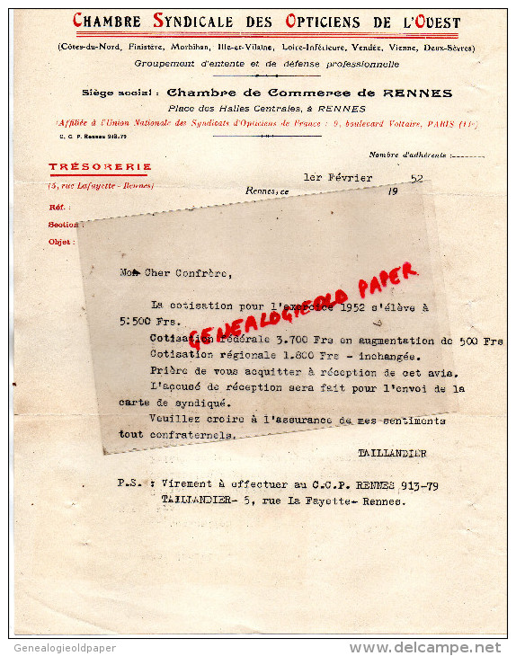 35 - RENNES - CHAMBRE SYNDICALE DES OPTICIENS DE L' OUEST -COMMERCE- PLACE DES HALLES- 1952- TAILLANDIER OPTICIEN - 1950 - ...