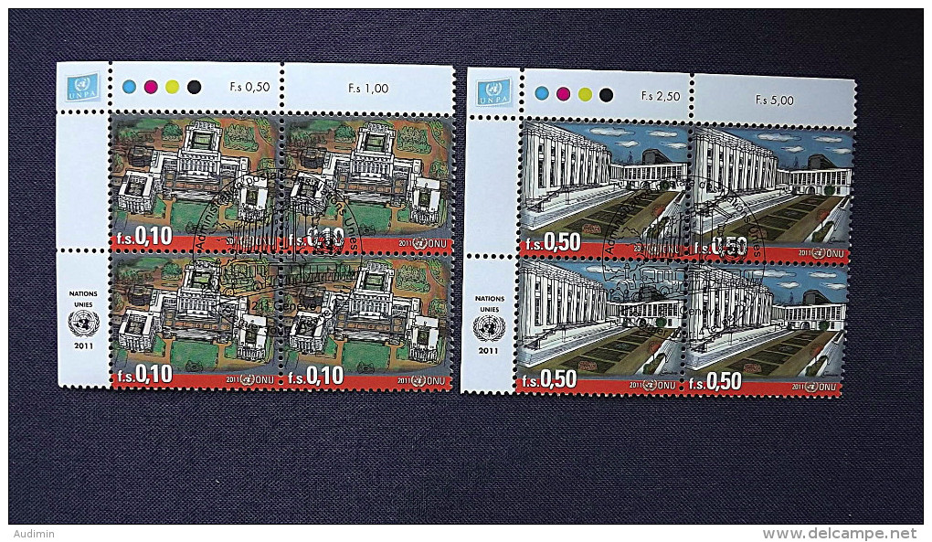 UNO-Genf 741/2 Oo/ESST, Eckrandviererblock ´A´, Palais Des Nations In Genf; Zeichnungen Von Scott Solberg - Used Stamps
