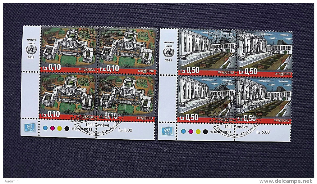 UNO-Genf 741/2 Oo/ESST, Eckrandviererblock ´C´, Palais Des Nations In Genf; Zeichnungen Von Scott Solberg - Used Stamps