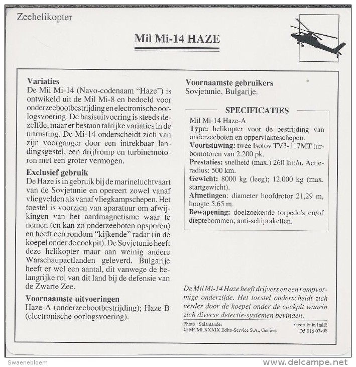 Helikopter.- Helicopter - MIL MI-14 - Haze - U.S.S,R,. Sovjet-Unie. 2 Scans - Helicopters