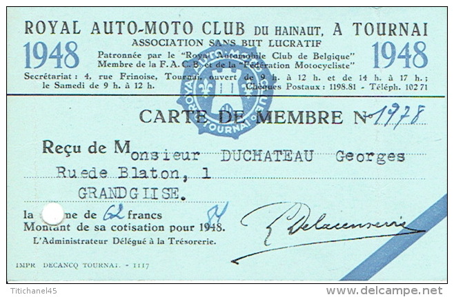 CARTE DE MEMBRE 1948 - ROYAL AUTO-MOTO CLUB Du HAINAUT à TOURNAI - Tarjetas De Membresía