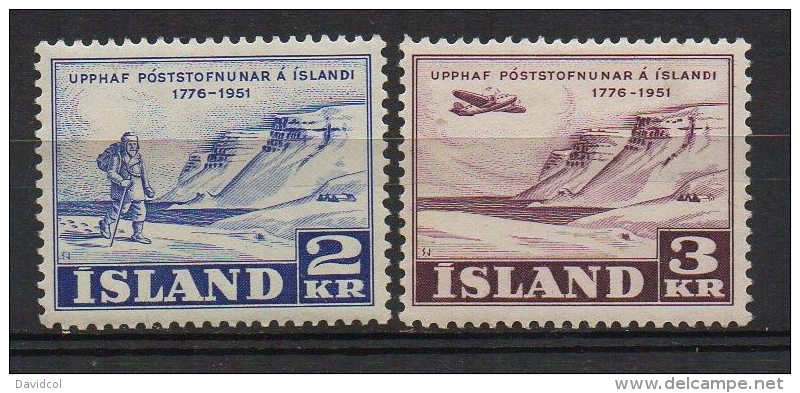P543.-. ICELAND / ISLANDIA - 1951 . SC#: 271,272- 175TH ANNIV. OF ICELAND`S POSTAL SERVICE .-. MH .  CV:US$ 5.00 - Neufs