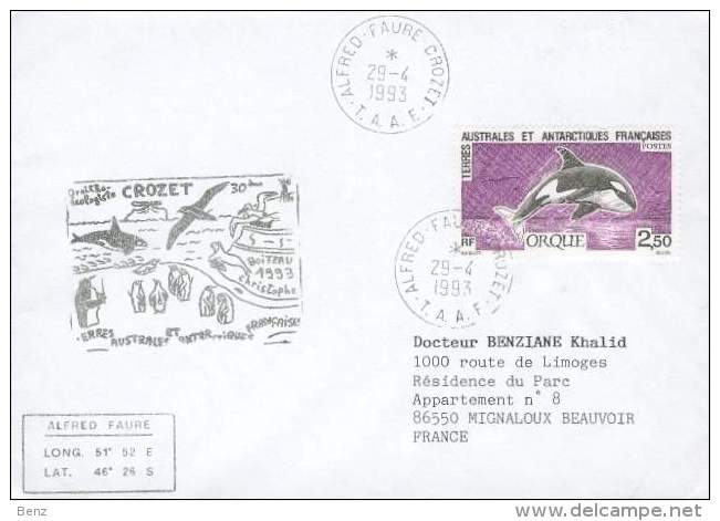 TAAF LETTRE  OB. ALFRED FAURE CROZET ORNITHOLOGIE  POUR MIGNALOUX BEAUVOIR 1993 TB - Antarctic Wildlife