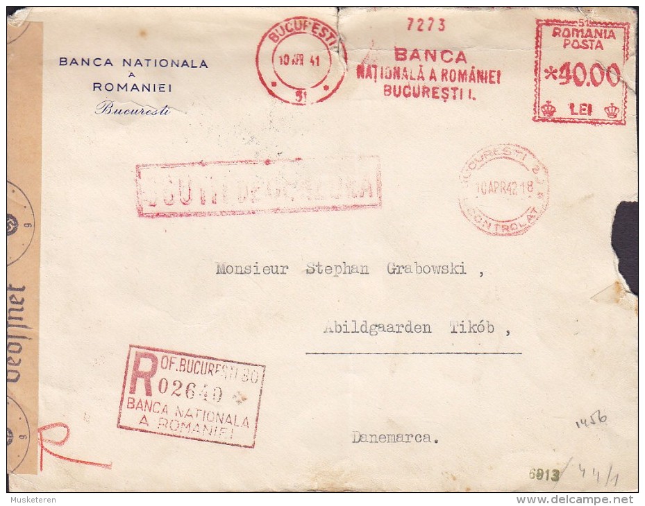 Romania BANCA NATIONALA A ROMANIEI, BUCURESTI 1941 Meter Cover Brief TIKØB DENMARK "OKW" Zensur SCARCE DESTINATION - 2. Weltkrieg (Briefe)