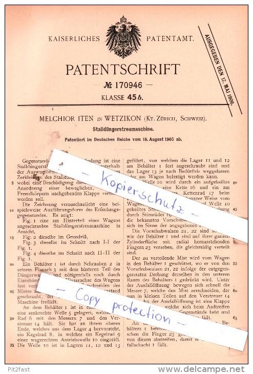 Original Patent  - M. Iten In Wetzikon , Kt. Zürich, Schweiz , 1905 , Stalldüngerstreumaschine !!! - Wetzikon