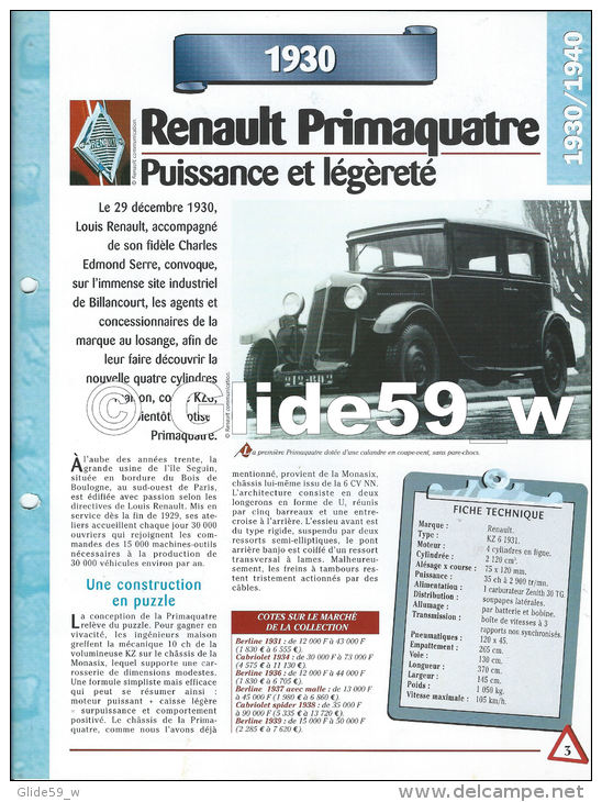 Fiche Renault Primaquatre (1930) - Un Siècle D'Automobiles (Edit. Hachette) - Autos