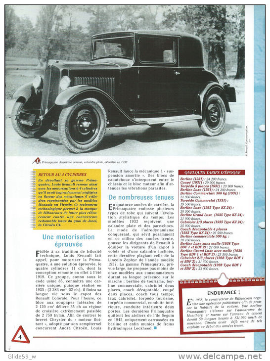 Fiche Renault Primaquatre (1930) - Un Siècle D'Automobiles (Edit. Hachette) - Autos