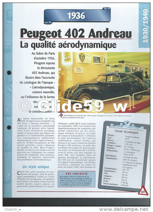 Fiche Peugeot 402 Andreau (1936) - Un Siècle D'Automobiles (Edit. Hachette) - Voitures