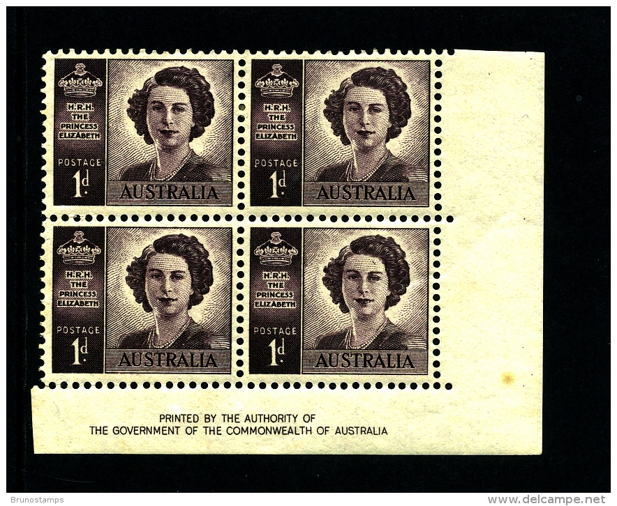 AUSTRALIA - 1948  PRINCESS NO WMK BLOCK OF 4 IMPRINT MINT NH  SG 222a - Nuovi