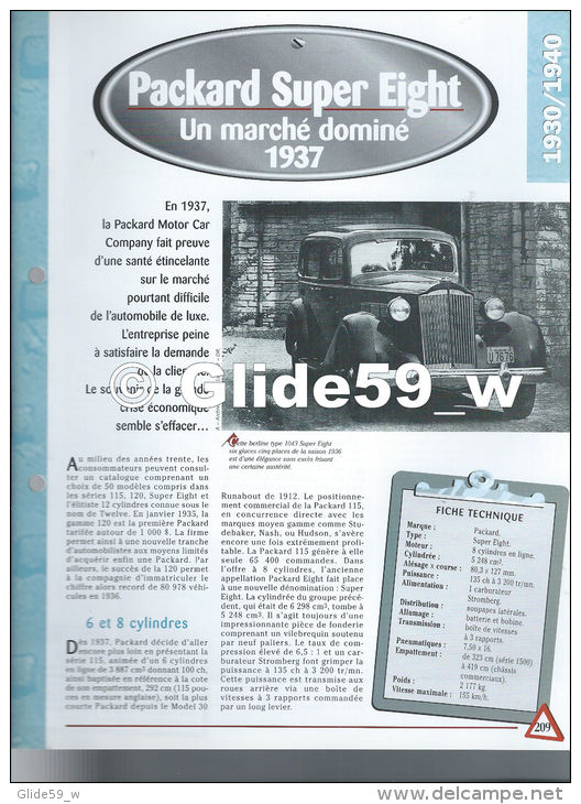 Fiche Packard Super Eight (1937) - Un Siècle D'Automobiles (Edit. Hachette) - Cars