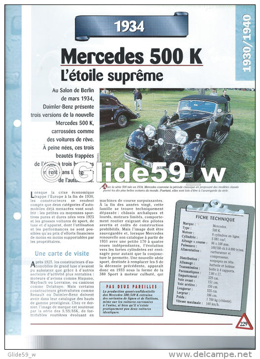 Fiche Mercédès 500 K (1934) - Un Siècle D'Automobiles (Edit. Hachette) - Cars