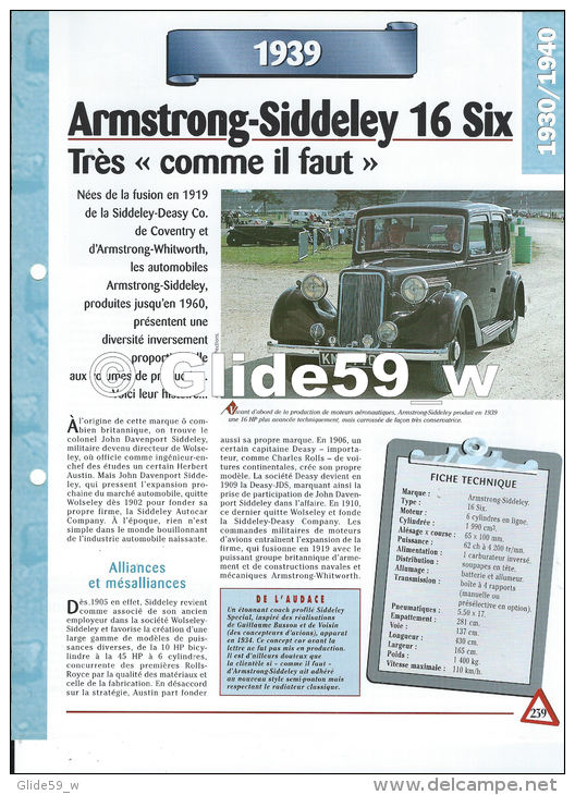 Fiche Armstrong-Siddeley 16 Six (1939) - Un Siècle D'Automobiles (Edit. Hachette) - Voitures