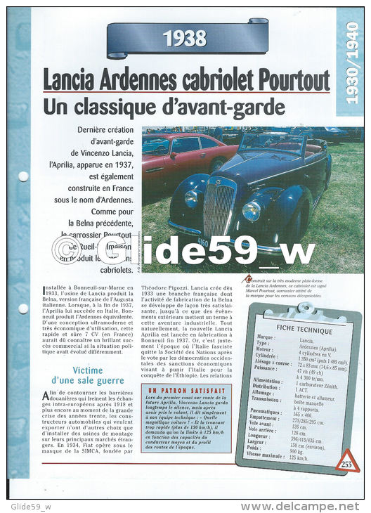 Fiche Lancia Ardennes Cabriolet Pourtout (1938) - Un Siècle D'Automobiles (Edit. Hachette) - Autos