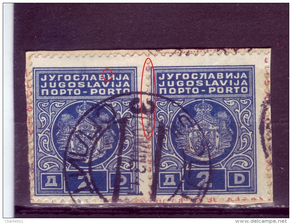 PORTO-COAT OF ARMS-2 DIN-PAIR-ERROR-POSTMARK-SPLIT-SPALATO-CROATIA-YUGOSLAVIA-1931 - Timbres-taxe