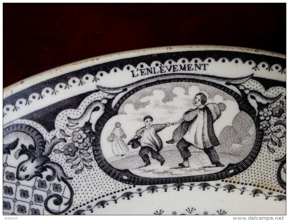 GIEN - Série De 6 Assiettes Historiées Noir Et Blanc, Porcelaine Opaque  XIXe S. - Gien (FRA)