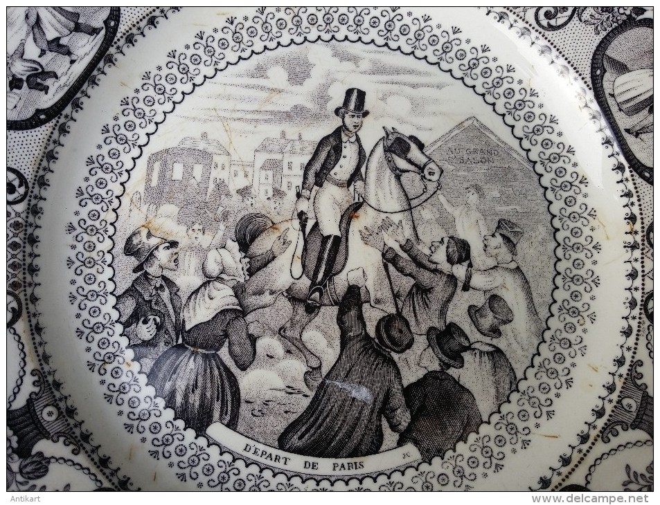 GIEN - Série de 6 assiettes historiées Noir et Blanc, porcelaine opaque  XIXe s.