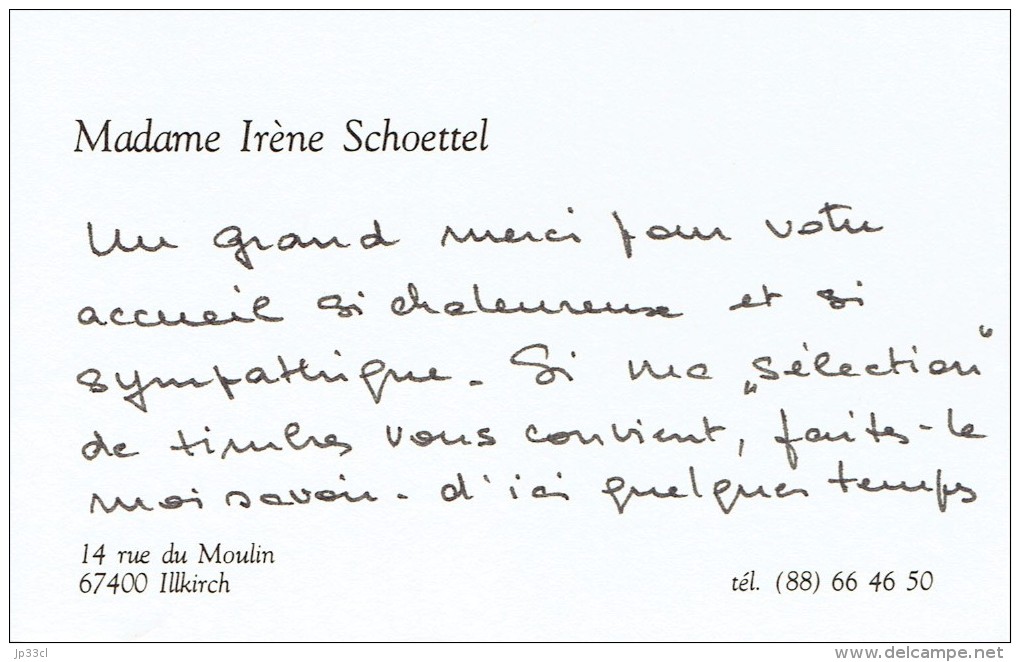 Ancienne Carte De Visite De Mme Irène Schoettel, Rue Du Moulin 67400 Illkirch (vers 1985) - Visitekaartjes