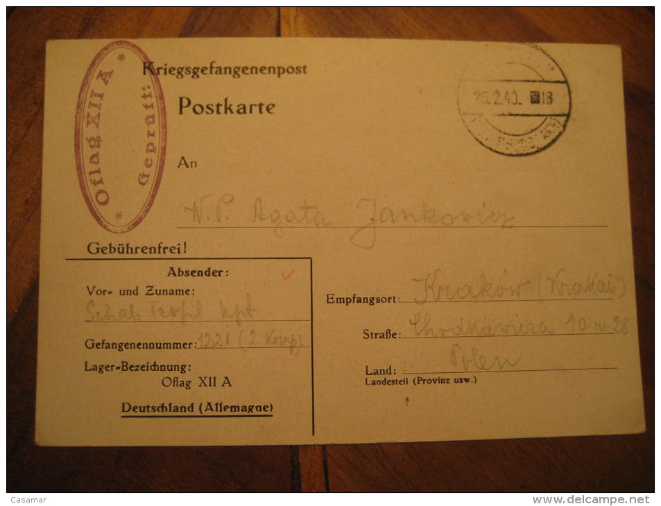 Kriegsgefangenenpost 1940 To Krakow POW Prisoner Of War Militar Card Poland Germany Occupation - Prisoner Camps