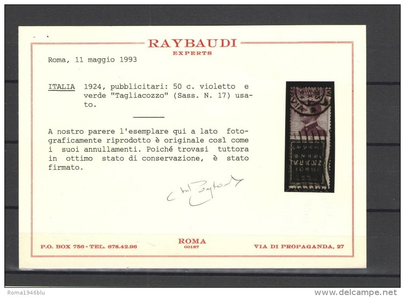 REGNO 1924 PUBBLICITARIO 50 C.TAGLIACOZZO ANNULLATO OTTIMO STATO CERT. RAYBAUDI - Reklame