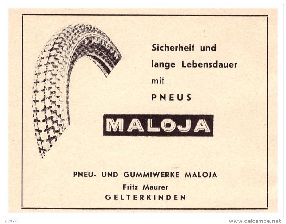 Werbung / Reklame - Pneu- Und Gummiwerk In Gelterkinden 1961 , Fritz Maurer , Maloja - Reifen , Anzeige !!! - Gelterkinden