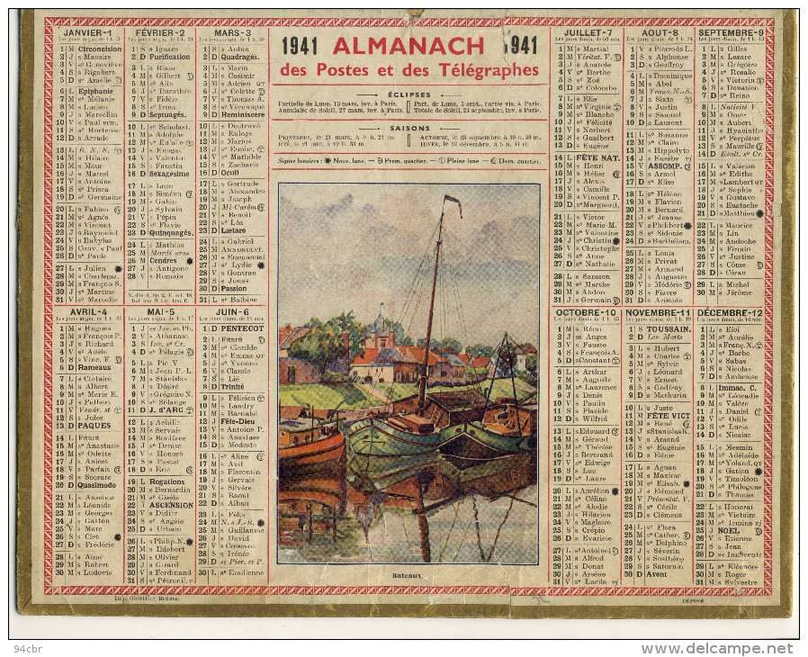 CALENDRIER  DES POSTES   1941 Bateaux - Tamaño Grande : 1901-20