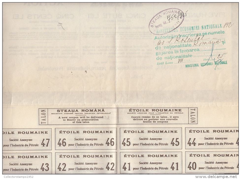 3781FM- ROMANIAN STAR- OIL COMPANY, SHARE OF 500 LEI, CUPONS, 1926, ROMANIA - Petrolio