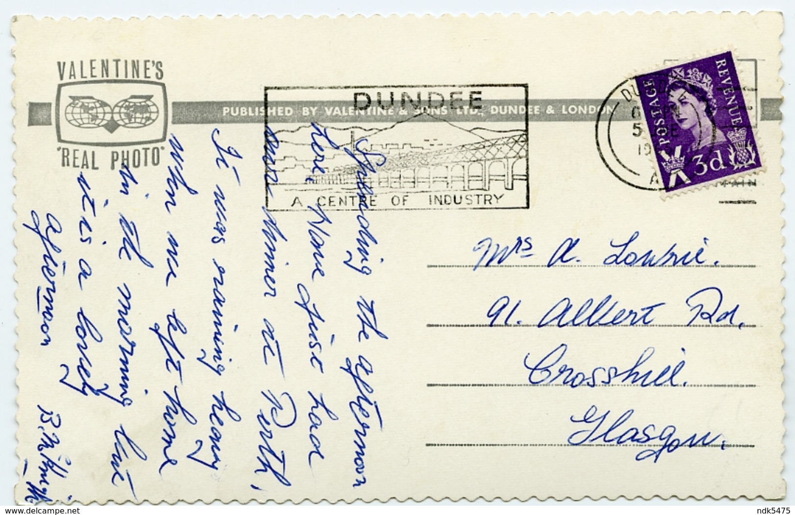 DUNDEE : TAY BRIDGE / POSTMARK SLOGAN - DUNDEE, A CENTRE OF INDUSTRY / ADDRESS - GLASGOW, CROSSHILL, ALBERT ROAD - Angus