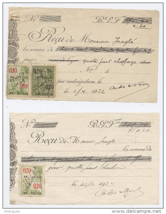 Belgique, Belgie, 1932, 2 Documents, Taxes Fiscales, Timbres Fiscaux, 0,10, 2A,5F, 0,20 ,lion, Reçu, ,chauffage, Charbon - Documenten