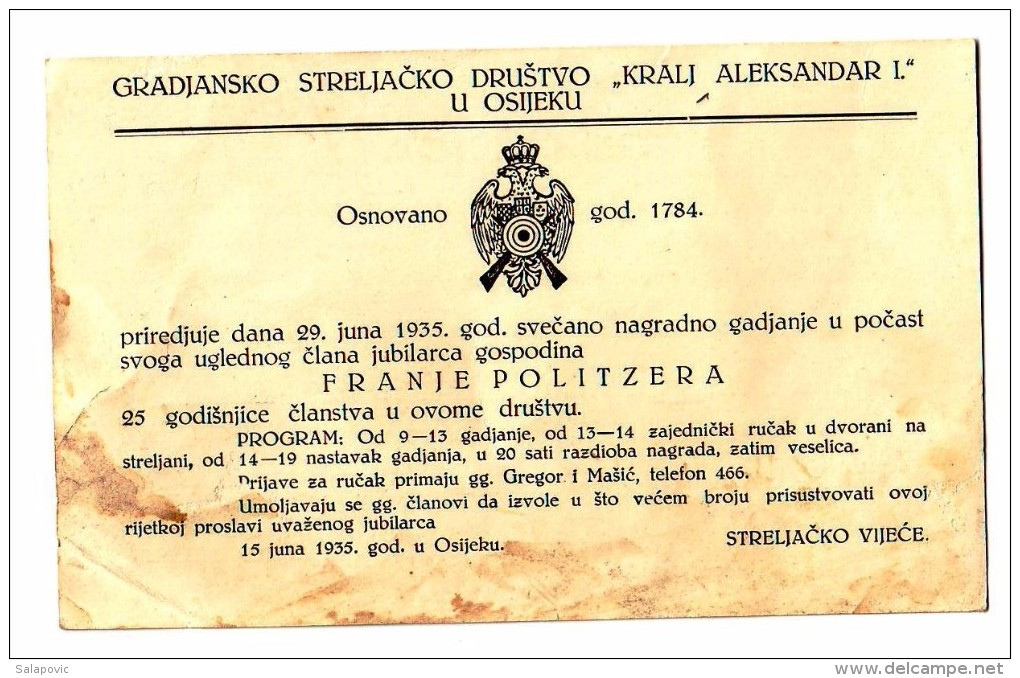 GRADJANSKO STRELJACKO DRUSTVO KRALJ ALEKSANDAR OSIJEK POZIVNICA, INVITATION 1935 SHOOTING CLUB RRARE - Tir à L'Arc