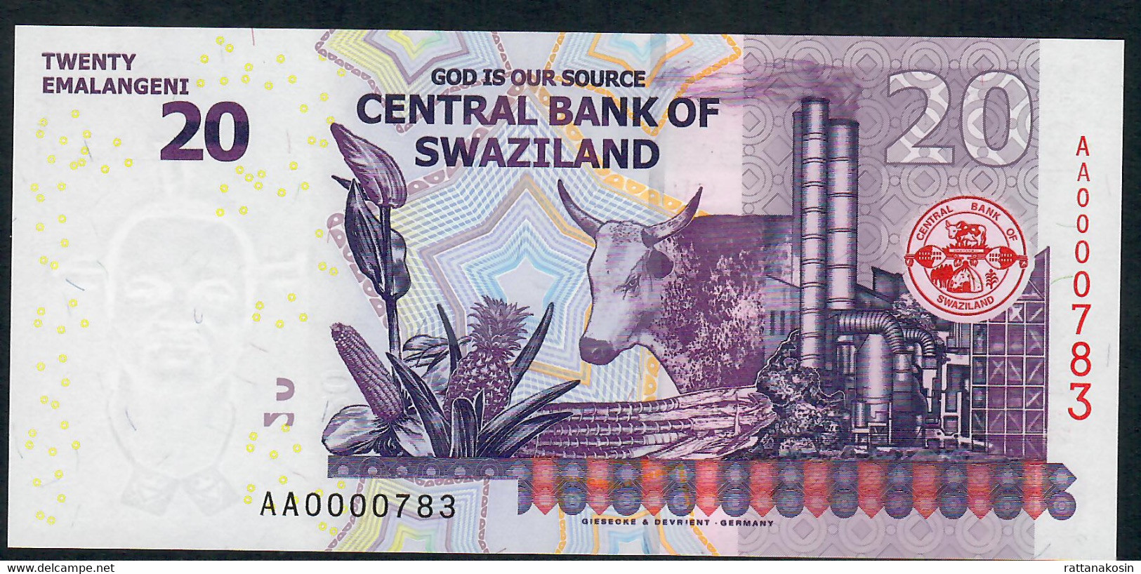 SWAZILAND P37 20 EMALANGENI 2010  Low # AA0000783 Signature 9b UNC. - Swaziland