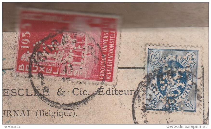 Belgique Bande De Journal Cartonné Desclée Tournai 5/6/35 Yvert 285+387 Perforé Perfin Pour Maisoncelle - 1934-51