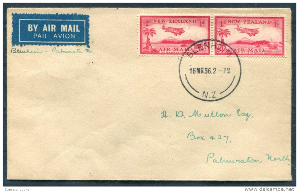 1936 New Zealand First Flight Cover Blenheim - Palmerston - Poste Aérienne