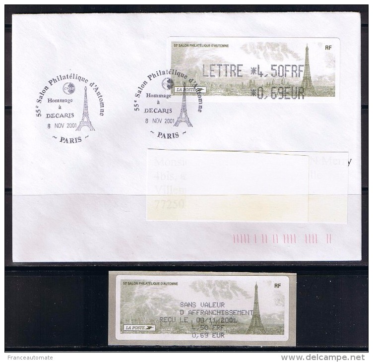 ATM, LISA1, MONETEL, FDC 8/11/01, LETTRE4.50FRF/ 0.69 EUR, 55eme Salon Philatélique D´automne De Paris. RECU DU 1er JOUR - 1999-2009 Illustrated Franking Labels