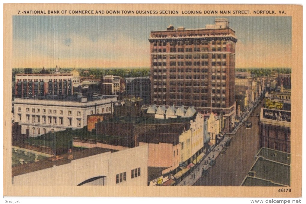 NATIONAL BANK OF COMMERCE AND DOWN TOWN BUSINESS SECTION, MAIN STREET, NORFOLK, VA, Unused Linen Postcard [16709 - Norfolk