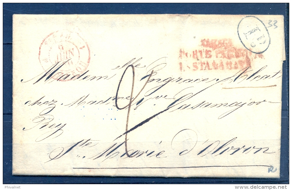 1840 , ZARAGOZA , CARTA CIRCULADA A ST. MARIA DE OLORÓN , MARCA " ZARAGa/ PORTE PAGADO/HASTA LA RAYA " , Nº 33 , LLEGADA - ...-1850 Prefilatelia