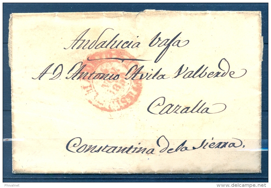1850 , CARTA CIRCULADA ENTRE MADRID Y CONSTANTINA ( SEVILLA ) , TRÁNSITO DE LEBRIJA . " S.L.B. / ANDALUCIA / VAXA " - ...-1850 Prefilatelia