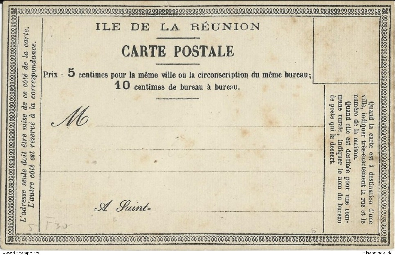 REUNION - RARE CARTE PRECURSEUR ENTIER REF SINAIS : N°32 - NEUVE - Brieven En Documenten