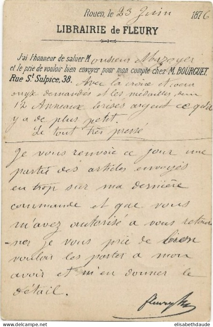 SEINE INFERIEURE - 1876 - CARTE PRECURSEUR ENTIER TYPE CERES Avec REPIQUAGE (LIBRAIRIE FLEURY) De ROUEN - Voorloper Kaarten