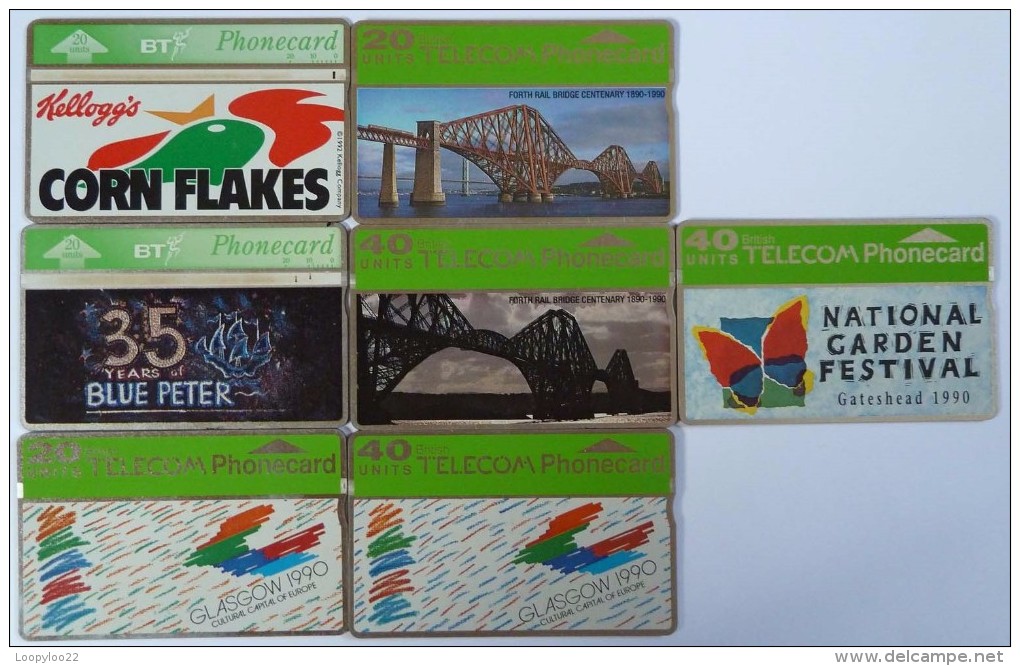 UK - Great Britain - BT - L&G - Group Of 7 Cards - Blue Peter, Cornflakes, Glasgow 1990, Garden Festival - Used - BT Emissions Privées