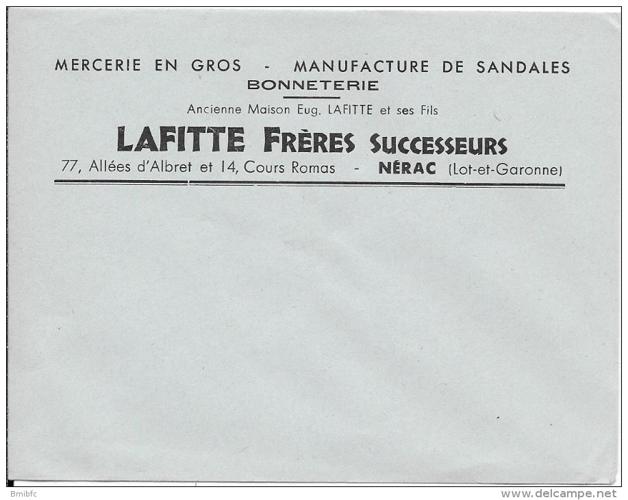 Enveloppe - MERCERIE EN GROS - MANUFACTURE DE SANDALES - BONNETERIE LAFITTE Frères - Nérac (Let G) - Deportes & Turismo