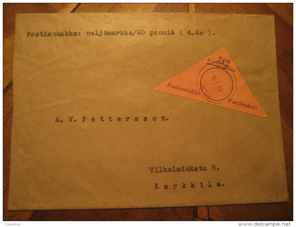 Riihikoski 1963 To Karkkila Postiennakko Postforskott Label Parcel-post Postage Free Paid Cover Finland - Paketmarken