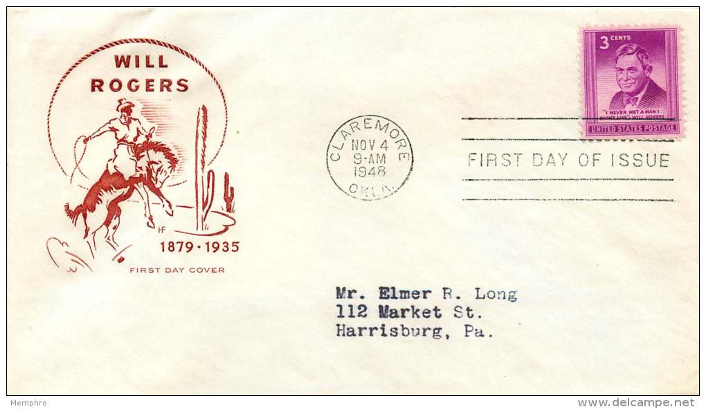 1948   Will Rogers  Sc 975  HF FDC - 1941-1950