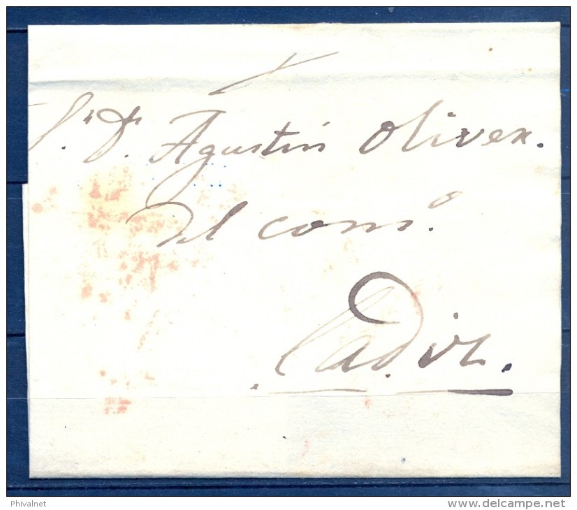 1817 - 1842 , ENVUELTA CIRCULADA A CADIZ , PORTEO Y RARA MARCA " XEREZ / FRANCA " , TIZÓN Nº 5 - ...-1850 Prefilatelia