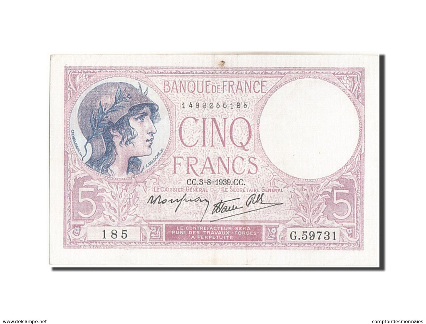 Billet, France, 5 Francs, 5 F 1917-1940 ''Violet'', 1939, 1939-08-03, SUP, KM:83 - 5 F 1917-1940 ''Violet''